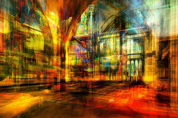 Naklejka premium Abstract city, vibrant architecture, surreal streetscape, fantasy background, art design