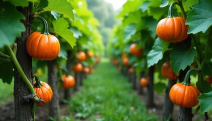 Obraz premium Pumpkin vines entwined with twigs and branches, greenery, farm, branches