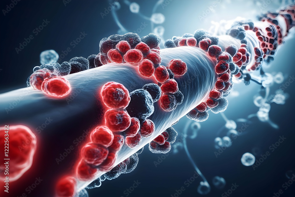 Poster microscopic view of cells attached to a fiber shows cellular interaction and biological processes.