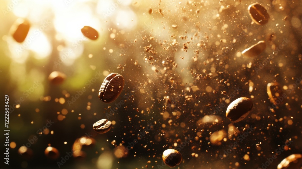 Poster coffee beans floating in the air with sunlight filtering through a forest background