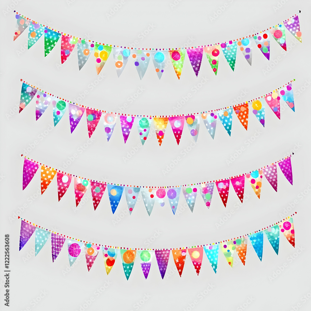 Poster Four Strings of Colorful Triangle Flags with Dots and Stars Hang Decoratively on a White Background