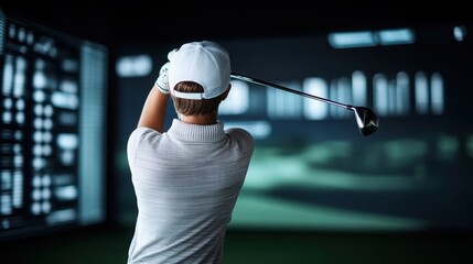A golfer swings in a virtual environment, showcasing modern technology in sports training and performance analysis.