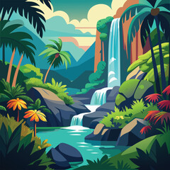 Waterfall in green jungle rainforest vector illustration. Cartoon tropical panoramic landscape with river water falling down from mountain rocks, fresh greenery of wild trees and bushes background