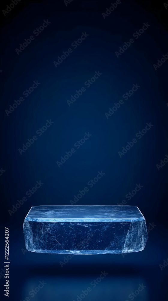 Poster empty transparent ice cube platform floats gracefully against a deep blue backdrop.
