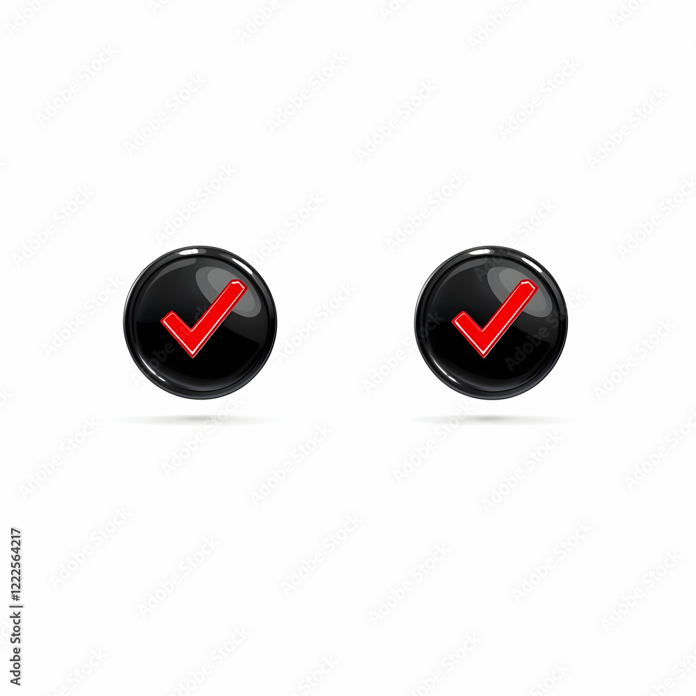 Aufkleber two glossy black buttons display red check marks on a white background.