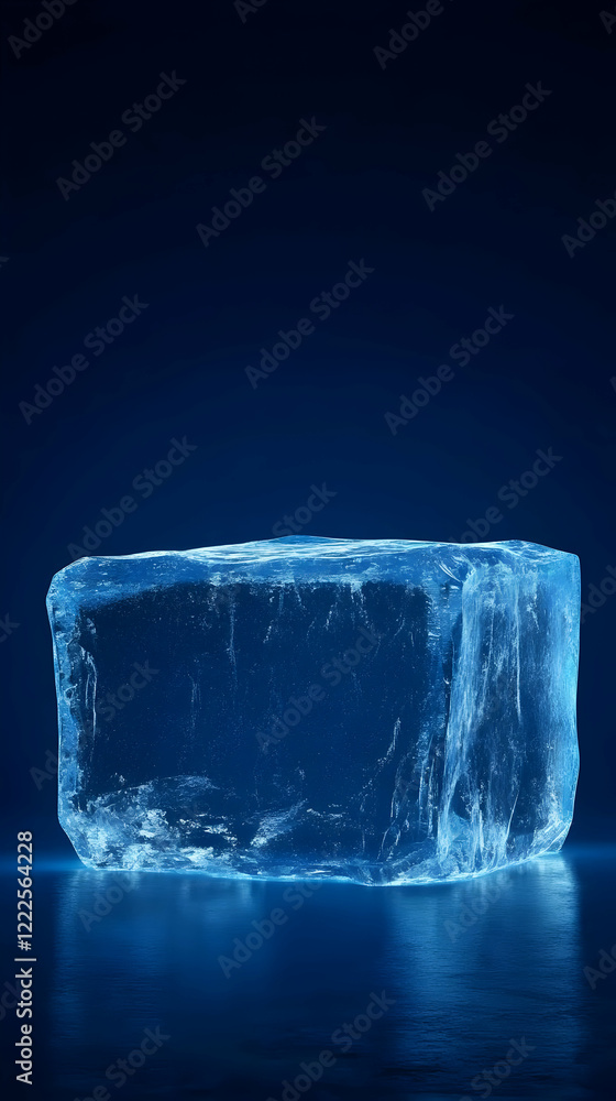 Poster realistic ice block illuminates a dark blue background with a smooth surface