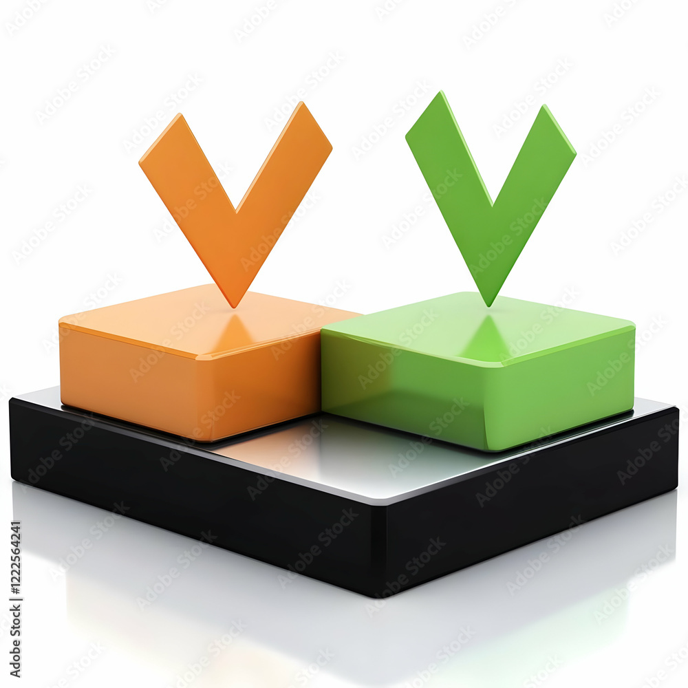 Poster 3d check marks on podium illustrate decision-making process with colorful visual cues.