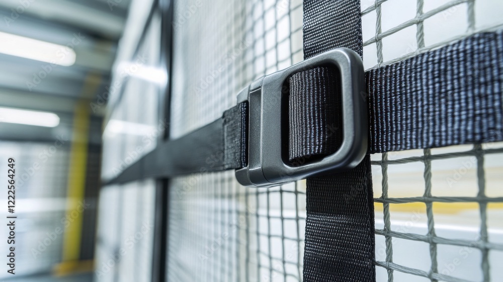 Poster close-up view of a secure fastening mechanism on a mesh panel in a warehouse setting