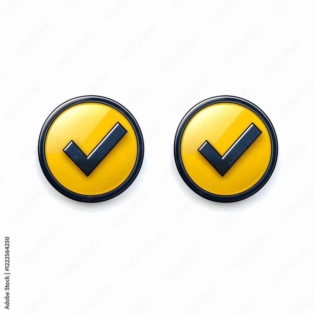 Poster two yellow glossy check mark icons on a white background with drop shadow