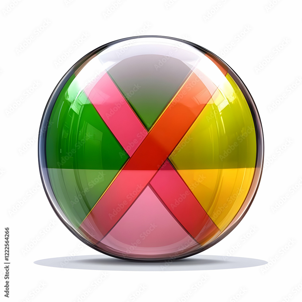 Poster 3d glossy sphere with colorful x design and transparent glass effect isolated on white