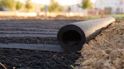 Rolled black geotextile material laid on soil at a construction site, highlighting erosion control, ground reinforcement, and landscaping solutions.