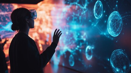 students wearing AR glasses in a science lab, visualizing quantum experiments