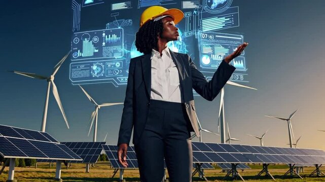 Futuristic Leadership in Renewable Energy with Hologram Demonstrating Workflow, Generative AI