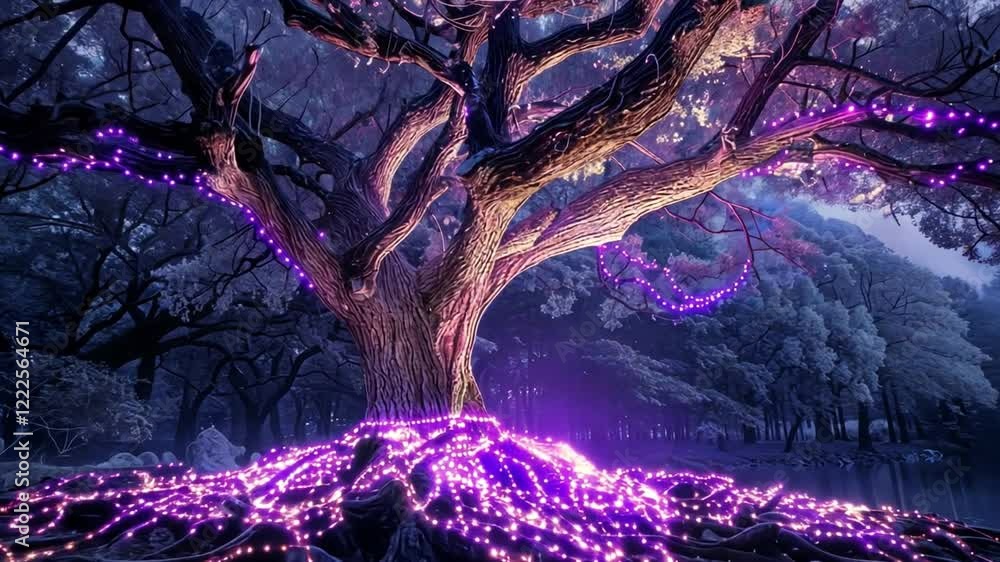 Aufkleber a large tree stands majestically in a dimly lit forest, adorned with vibrant purple lights along its