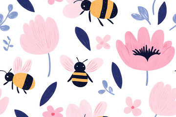 Hand drawn seamless pattern illustration of flowers and honeybees, isolated on white