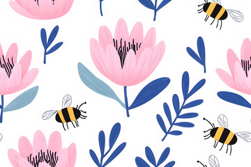 Hand drawn seamless pattern illustration of flowers and honeybees, isolated on white