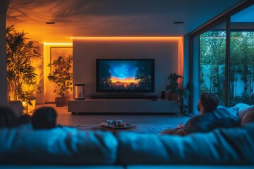 Family relaxing and watching television in modern living room with ambient lighting