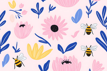 Hand drawn seamless pattern illustration of flowers and honeybees, isolated on white