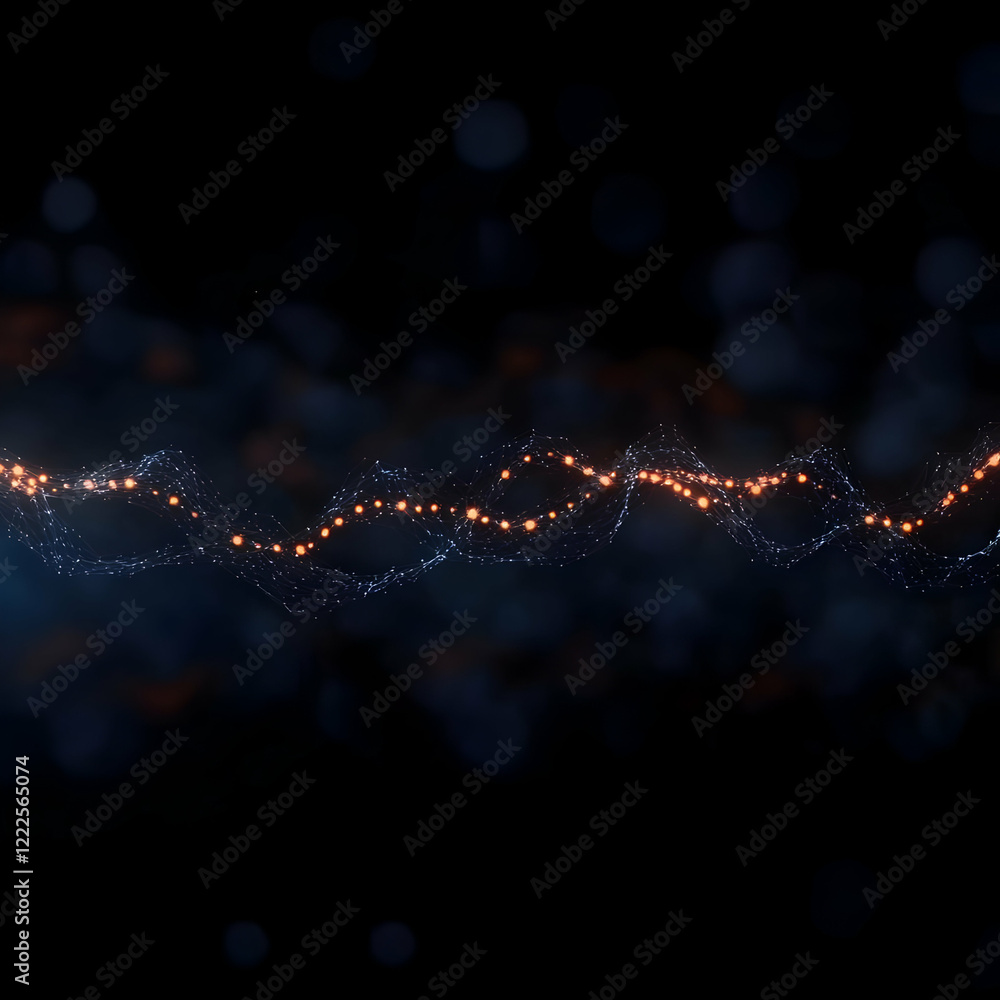 Poster abstract background with glowing particles forms a wavy line in dark space with bokeh effect