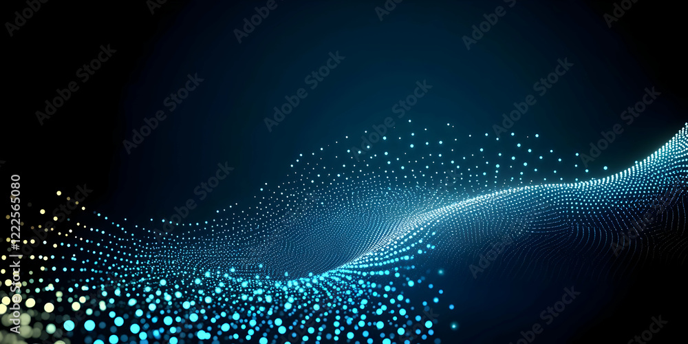 Poster abstract blue particle wave flows smoothly across a dark background