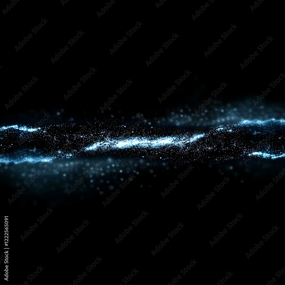 Poster abstract blue particles flowing smoothly on a dark background with a soft glow
