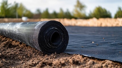Rolled black geotextile material laid on soil at a construction site, highlighting erosion control, ground reinforcement, and landscaping solutions.