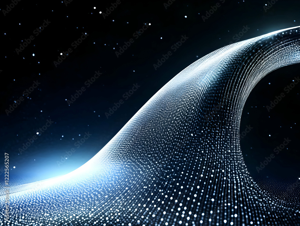 Poster abstract blue wave of particles flows smoothly in dark space background