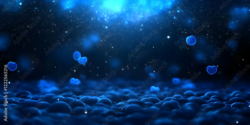 Poster blue abstract background shows glowing hearts floating gently over a textured surface with soft focu