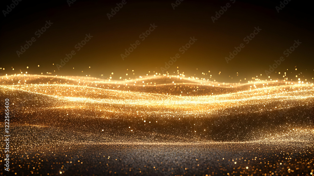 Poster golden particles flows as abstract background with wave brilliantly on black background.