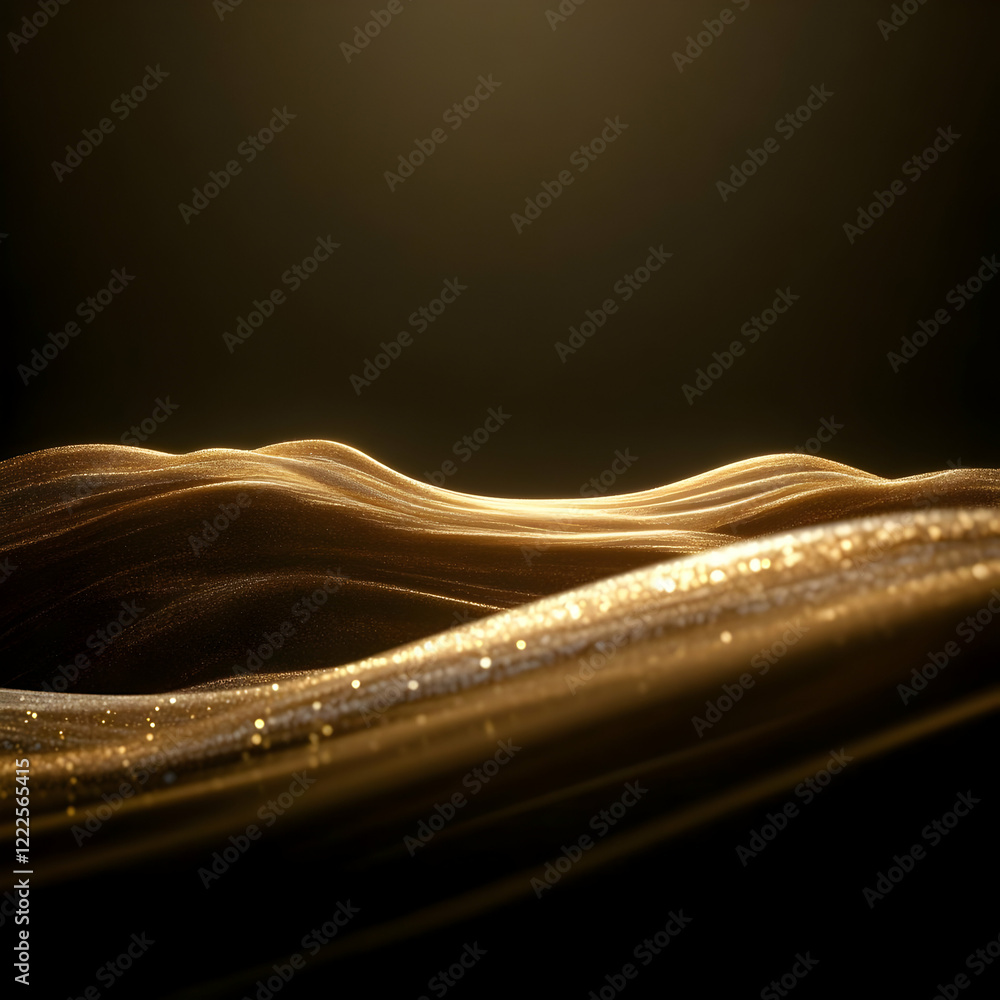 Aufkleber abstract 3d golden fabric flows smoothly in the dark background with shiny particles