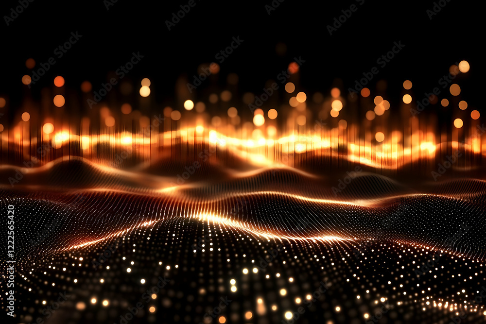 Poster abstract golden particles flowing forms glowing wave on dark background. digital technology.