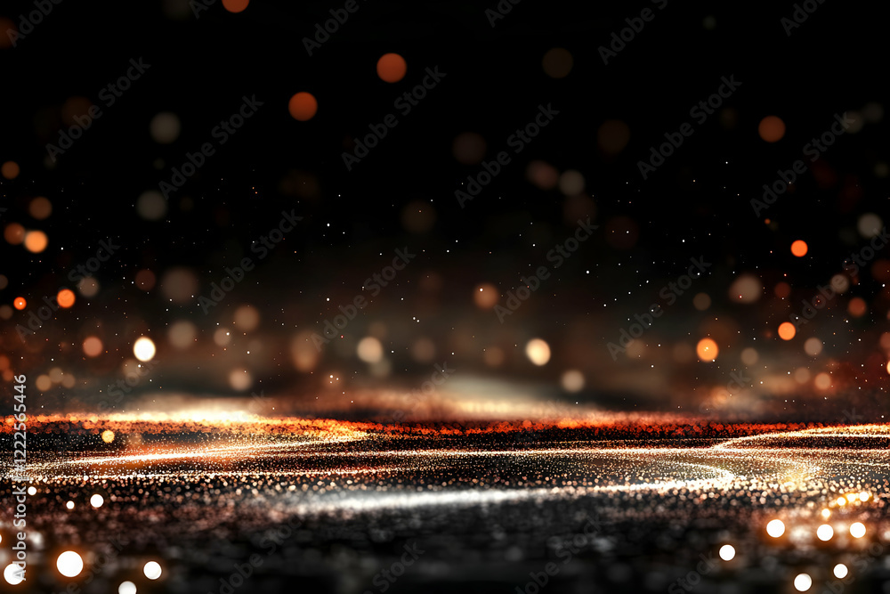 Poster abstract background creates glowing waves with orange and white particles on a dark backdrop