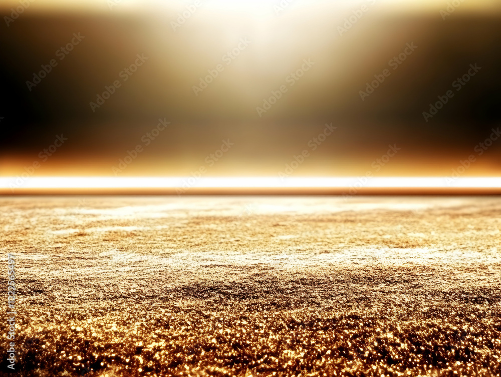Poster golden glittery surface extends into a blurred background with a bright light streak