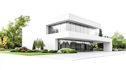 Modern white house, landscaped garden, green trees, sunny day, architectural design
