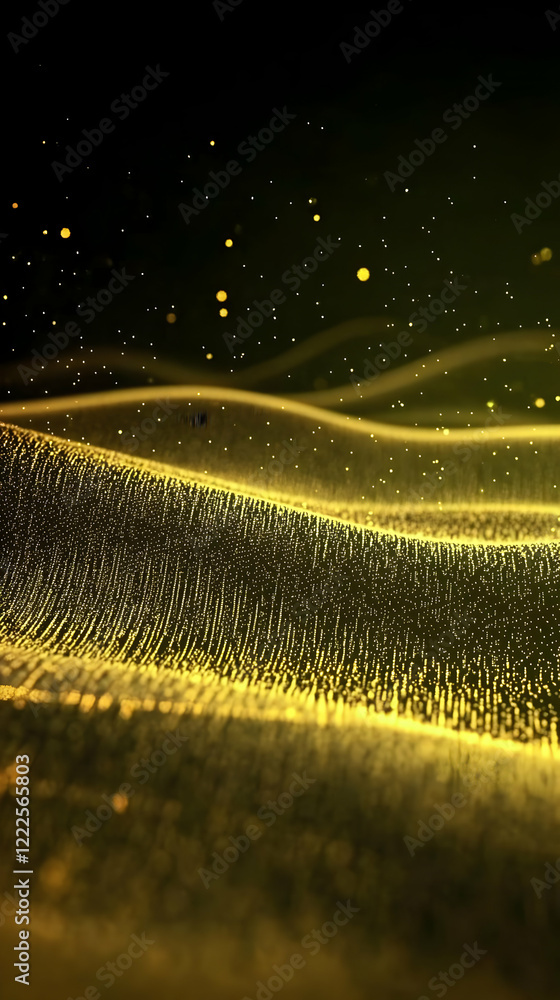 Poster abstract golden particle waves flowing smoothly on a dark background creates a luxurious atmosphere.