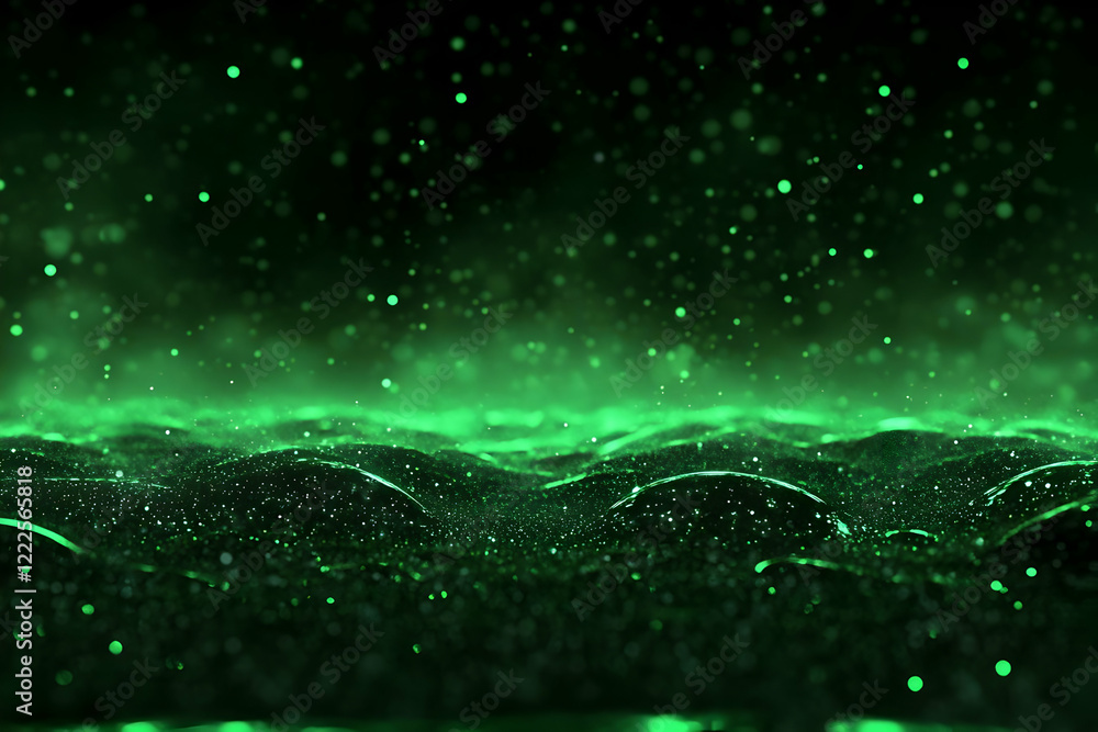 Poster glowing green liquid flows smoothly with particles floating gently above