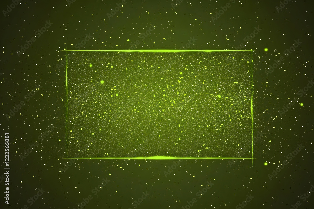 Poster glowing green rectangle frame encloses sparkling particles on a dark green background