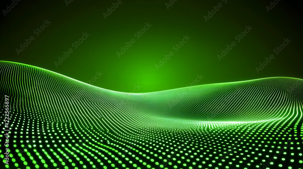 Poster abstract green particle wave flows smoothly in digital space with dark background