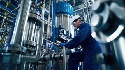 A chemical plant engineer overseeing a distillation column, with pipes and control valves in the background, Chemical plant scene
