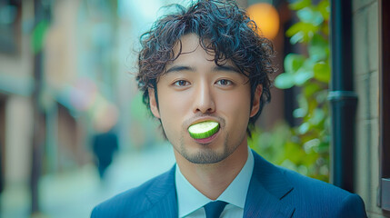 胡瓜のスライスを食べるスーツを着た若いアジア人男性