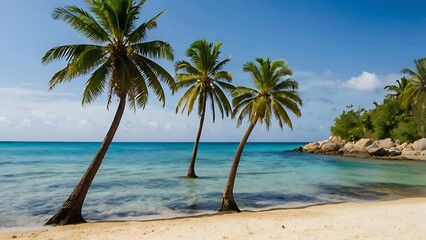 Obraz premium beach with palm tree, coconut tree, sea, tropical, tree, ocean, island, sand, sky, paradise, travel, water