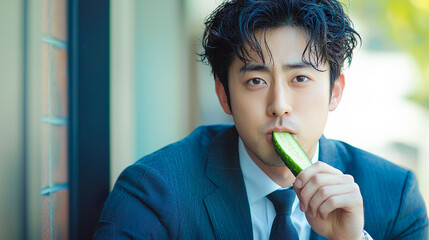 胡瓜のスライスを食べるスーツを着た若いアジア人男性