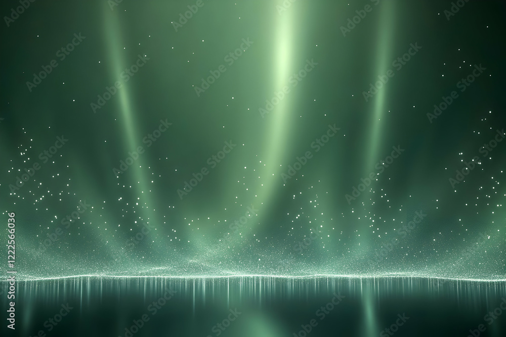 Poster abstract green background with light rays and sparkling particles creates a magical ambiance