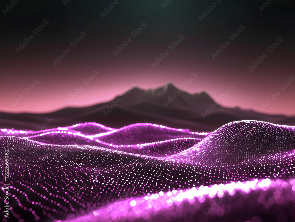 Poster abstract 3d purple particle landscape with glowing dots and mountains in background
