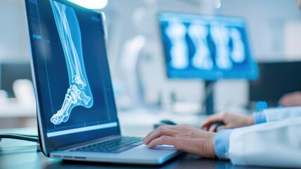 podiatrist examines digital foot X ray on laptop in modern medical office, utilizing advanced technology for precise diagnosis and treatment planning