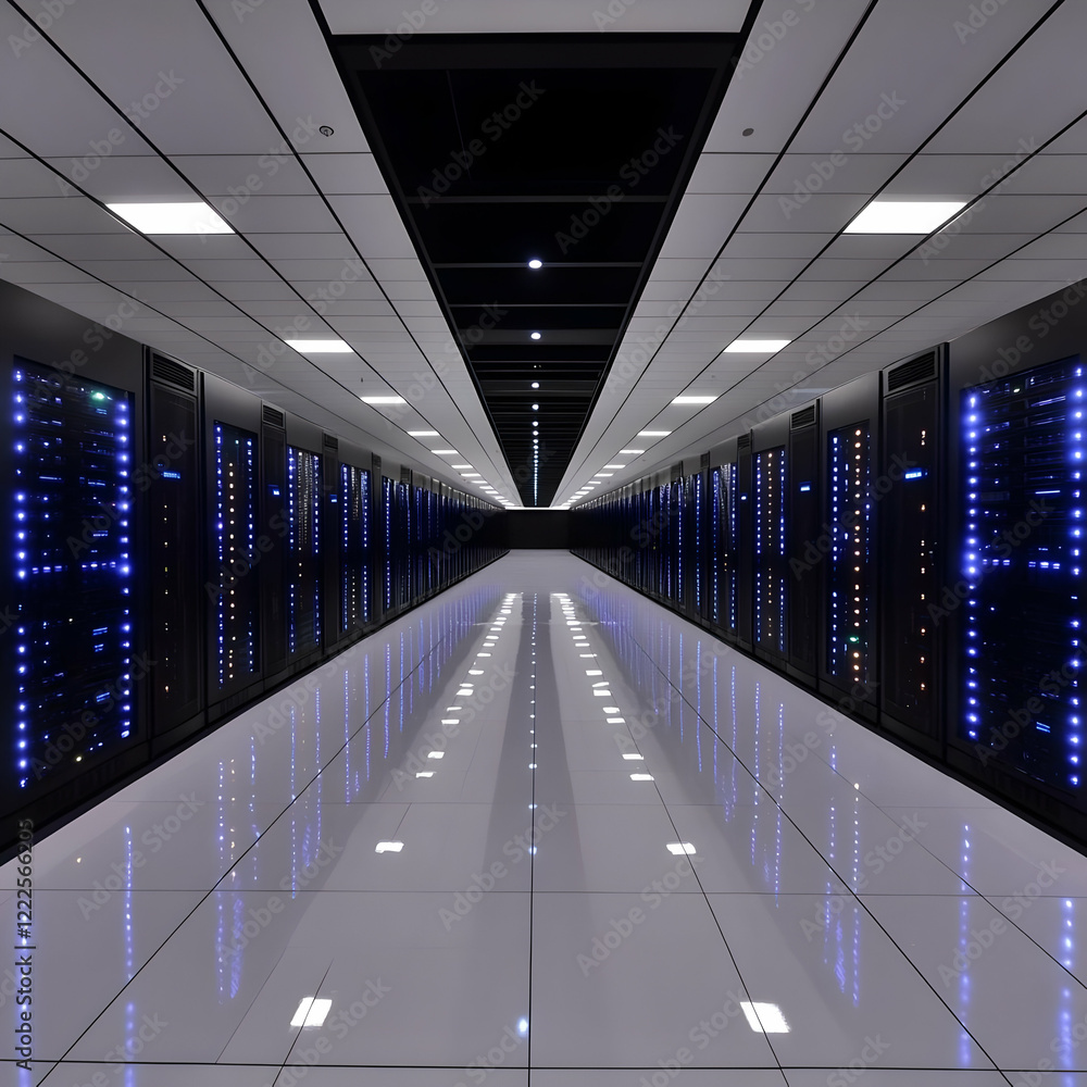 Poster server room houses rows of network servers with blinking lights reflecting on the polished floor