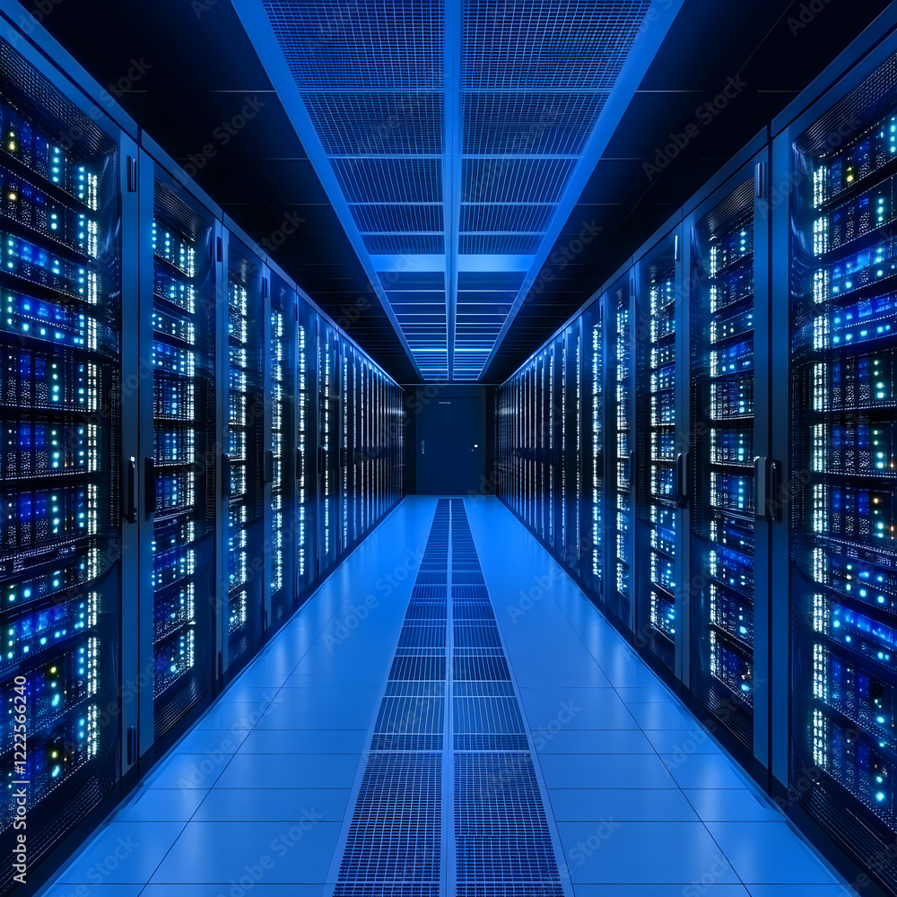 Poster server room stores data securely with advanced technology in futuristic data center environment