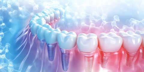 Dental Implants Securing Teeth Firmly in Gums, Ensuring a Healthy Smile, Enhanced by a Scientific Backdrop