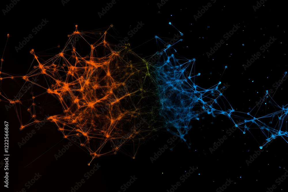 Poster abstract network connections form intricate orange and blue patterns on a dark background