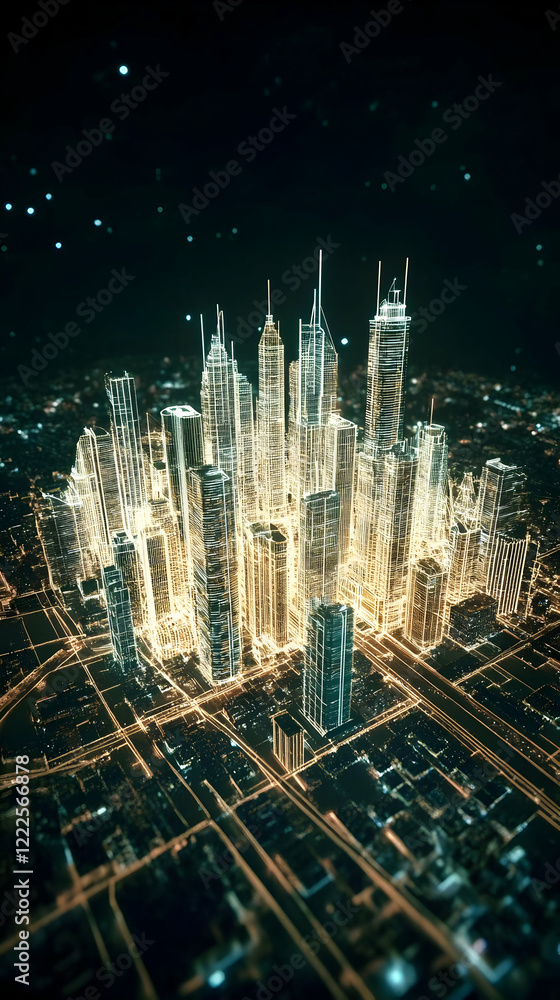 Poster illuminated cityscape: futuristic architecture at night shines dynamically with digital overlays